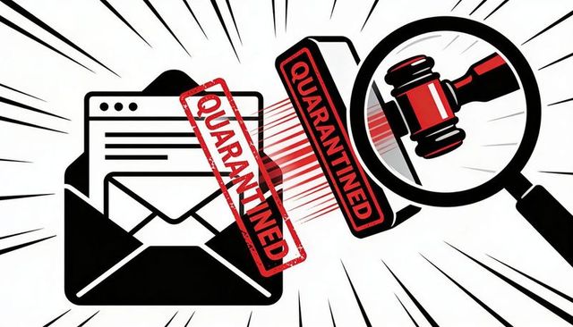QUARANTINED Stamp Stamping Confidential Mail and Legal Document Under Magnifying Glass