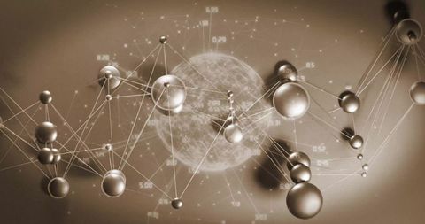 Futuristic metallic spheres linked in abstract digital space