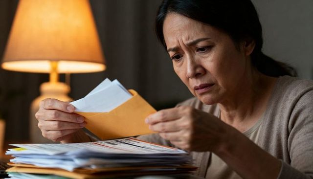 Middle-aged asian woman examining bills and envelope, worried about household finances