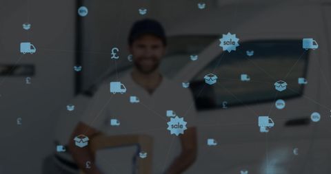 Digital icons overlaid on delivery professional with vehicle