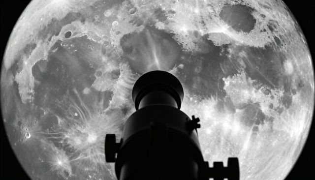 Refractor telescope pointing at full moon silhouette revealing lunar craters high contrast