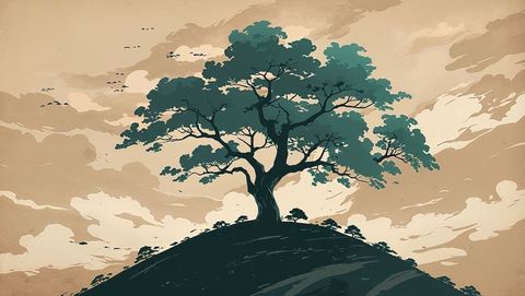Anime serene tree silhouette on hillside with flying birds