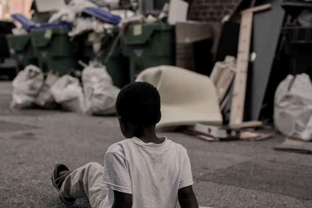 Child sitting on an urban street surrounded by trash and debris. Useful for topics on urban poverty, waste management, and social issues. Suitable for editorial pieces or articles discussing the impact of poor living conditions on children.