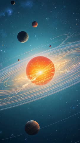 Vertical video pulsing star sending energy waves through glowing rings, orbiting planets