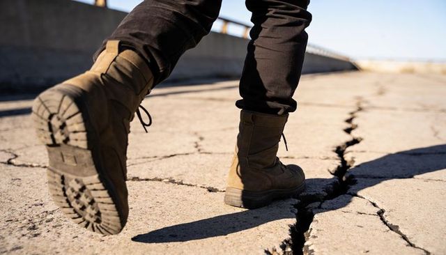 Hiker walking over deep pavement crack wearing rugged tan tactical boots and black pants