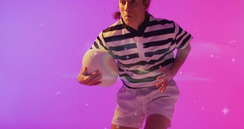 Dynamic Female Rugby Player with Neon Background