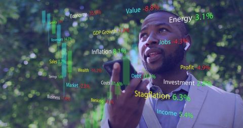 Businessman engaging with digital economic data visuals outdoors