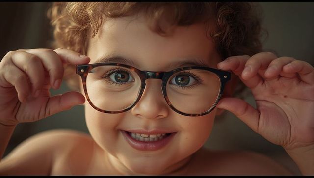 Smiling curly haired child adjusting eyeglasses in warm lighting