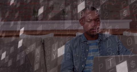 Man in living room with code overlay illustrating innovative digital workspace