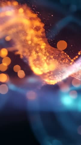 Zooming through glowing gold mesh into flowing cyan ribbons over deep navy void