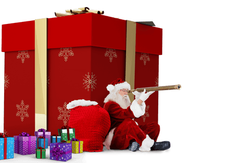 Santa claus with telescope and gifts on transparent background