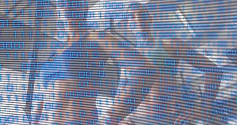 Sunlit Friends on Boat Deck Wearing Blue Crop Tops with Digital Binary Glitch Overlay