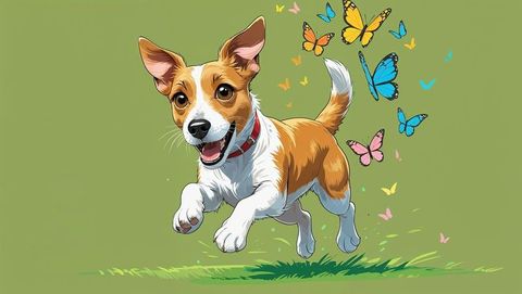 Playful dog with colorful butterflies in meadow