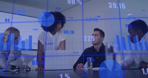 Leading team meeting with laptop and blue data overlay, presenting analytics dashboard