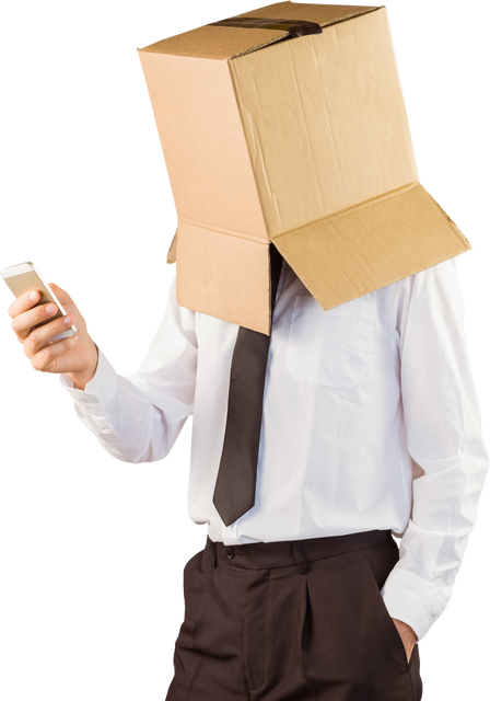 Anonymous Businessman with Cardboard Box Over Head Holding Smartphone on Transparent Background - Download Free Stock Videos Pikwizard.com