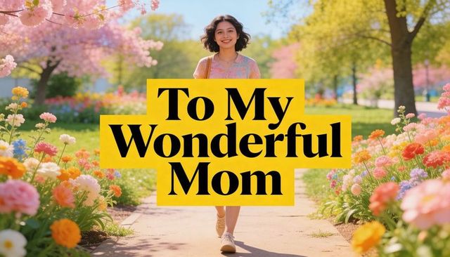 Daughter walking spring garden with bright yellow mother's day greeting overlay