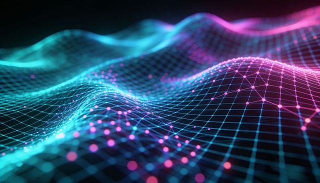 Neon wireframe data wave with glowing nodes and particle grid for futuristic technology