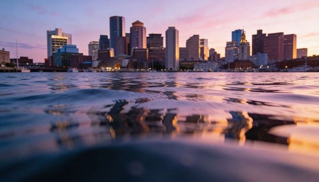 Sunset city skyline reflecting on harbor water with close-up rippling reflections at twilight