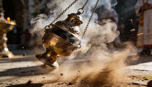 Brass thurible swinging across stone nave releasing smoke and embers in dramatic backlight
