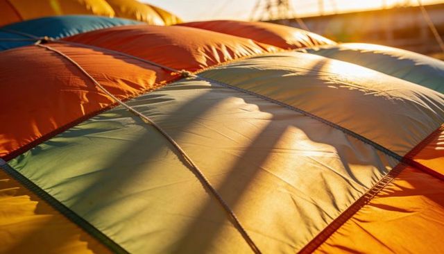 Colorful hot air balloon envelope rippling and glowing in golden sunset light