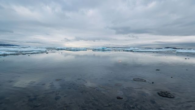 Calm arctic lagoon reflecting overcast sky on mirror-like water with scattered ice floes
