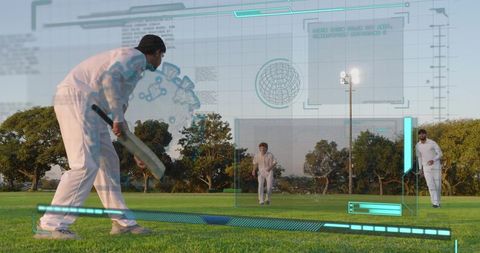 Cricket batter facing bowler with futuristic hud data overlays on sunlit grassy field