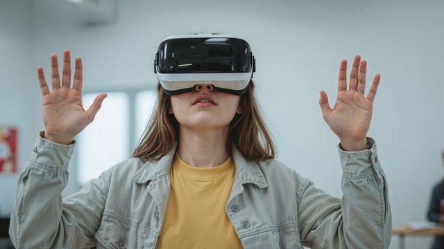 Young Woman Engaging with Virtual Reality in Classroom Setting