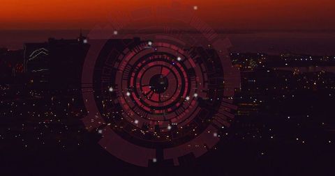 Futuristic Digital Interface Over Urban Cityscape at Dusk