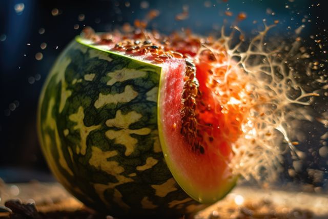 This vibrant and dramatic image captures an exploding watermelon with juices and fragments suspended in mid-air. It is perfect for illustrating concepts of dynamic action, summer fun, and high-speed photography in advertisements, magazine spreads, and educational materials on motion and physics.
