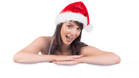 Cheerful woman in santa hat on transparent background