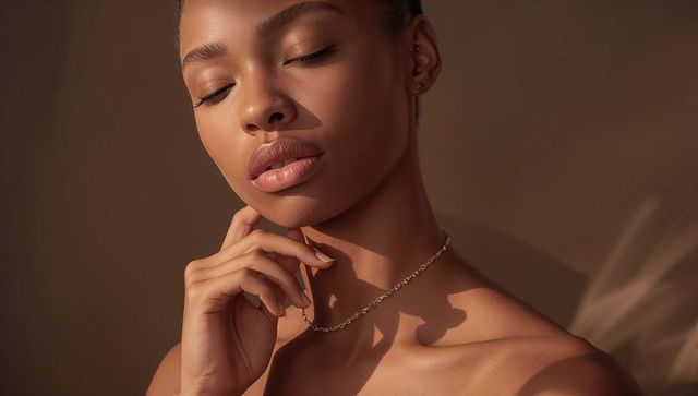 Sunlit elegant portrait woman with closed eyes gold chain necklace dewy skin warm light
