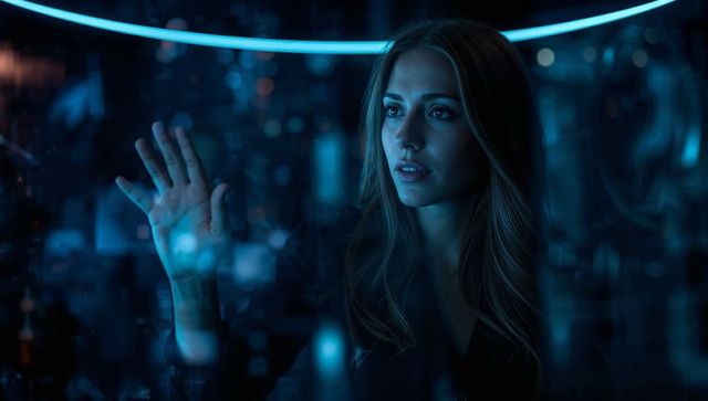 Contemplating woman interacting with holographic blue neon interface through glass