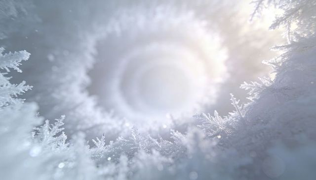 Hoarfrost ring revealing sun halo through frosty tunnel with bokeh and ice crystals