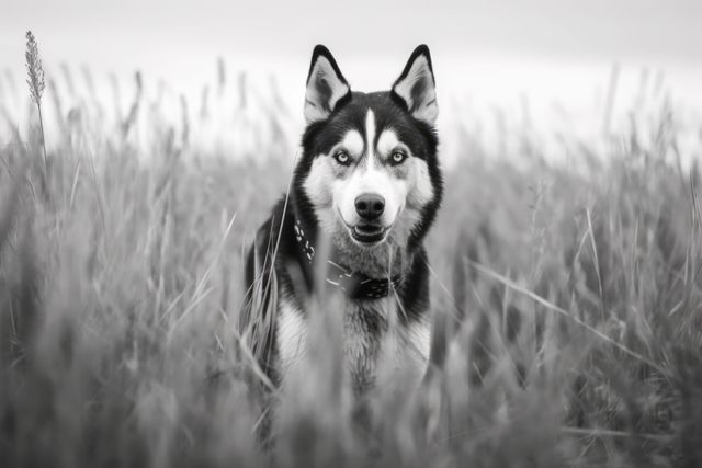 Siberian Husky standing in tall grass, outdoors, in black and white. This striking portrait can be used in pet-related advertisements, nature-themed magazines, or on social media. The sharp gaze and vivid details of the animal provide a sense of both calm and alertness, perfect for pet adoption campaigns or outdoor adventure promotions.
