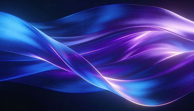 Twisting luminous ribbons glowing neon blue purple conveying fluid motion futuristic energy