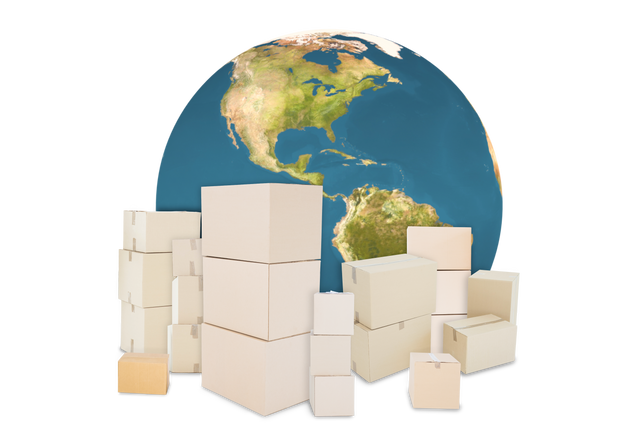 This digital illustration displays a globe with multiple shipping boxes on a transparent background, which is suitable for depicting concepts related to international shipping, global trade, and online shopping. It can be used for ecommerce websites, global delivery services, and export-import businesses to visually represent their international reach and logistical capabilities.