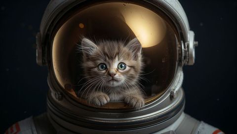 Kitten peering through vintage astronaut helmet pressing tiny paws on scuffed visor