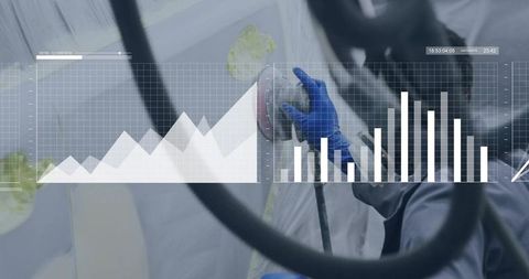 Sanding auto body panel with nitrile gloves and mask in spray booth with data overlay