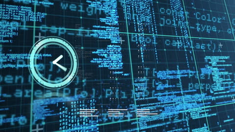 Digital Time and Data: Clock Overlay on Animated Network Code