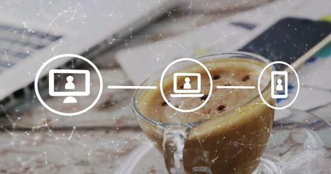 Digital Networking Concept with Icons Over Coffee Cup