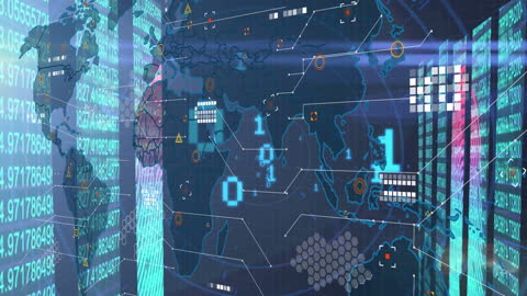 Futuristic Digital Data Processing and World Map Interface