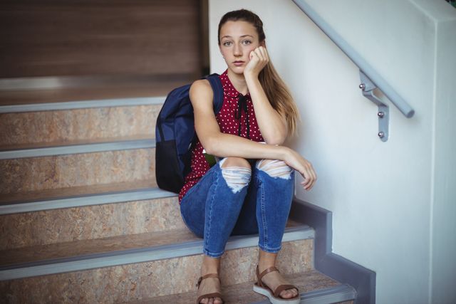 Portrait of sad schoolgirl sitting alone on staircase at school