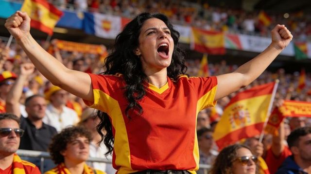 Cheering spanish football fan raising arms and shouting in vibrant stadium crowd
