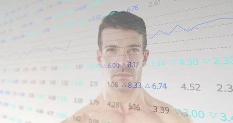 Shirtless male model overlaying financial charts and data visualization for market trends