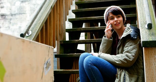 Young Woman Talking on Smartphone Outdoors on Wooden Stairs - Download Free Stock Images Pikwizard.com