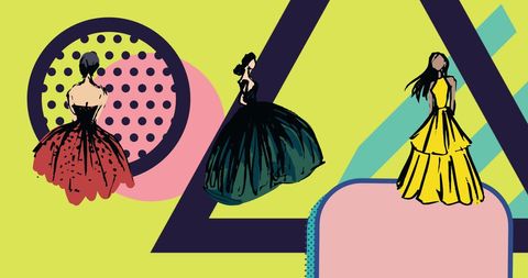Fashion illustrations overlayed on abstract geometric background