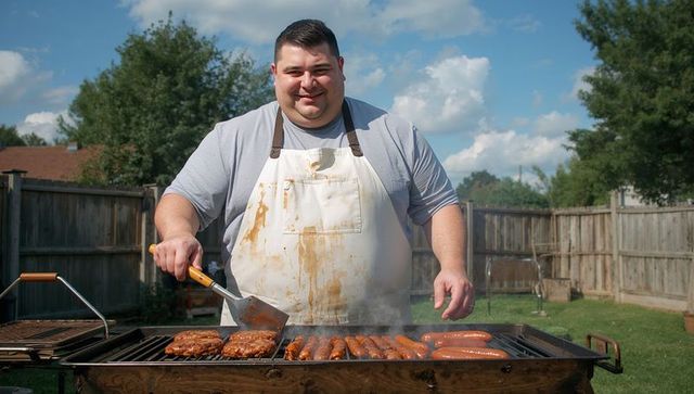 Smiling man grilling sausages and burgers on backyard barbecue wearing stained apron