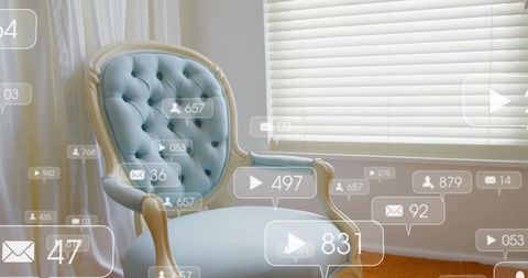 Social media interaction icons over elegant chair