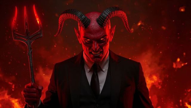 Menacing Demon in Black Suit Holding Flaming Trident