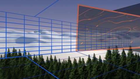 Abstract Technology Overlay on Winter Forest Landscape